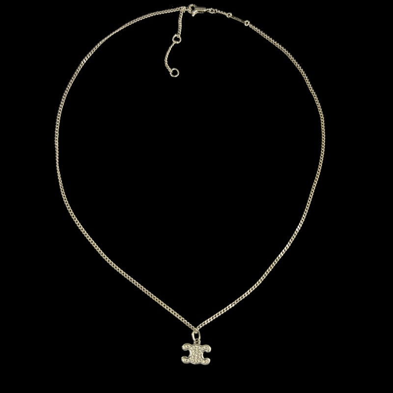 CELINE Triomphe Rhinestone Necklace Accessory Silver Metal Pave Stone Pendant Double Chain