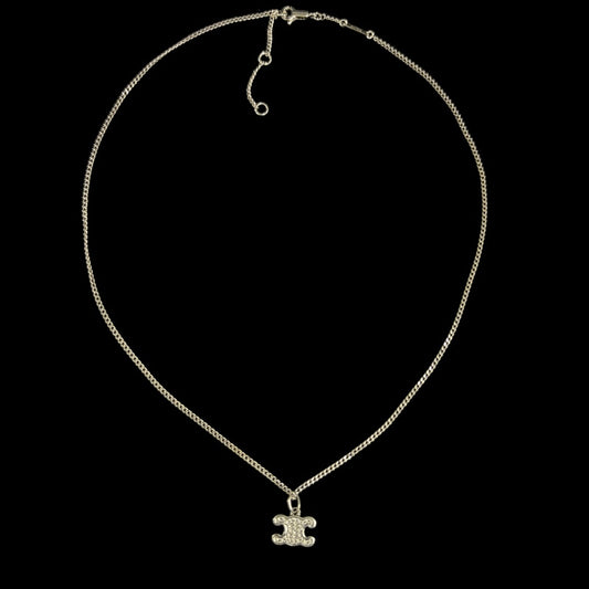 CELINE Triomphe Rhinestone Necklace Accessory Silver Metal Pave Stone Pendant Double Chain