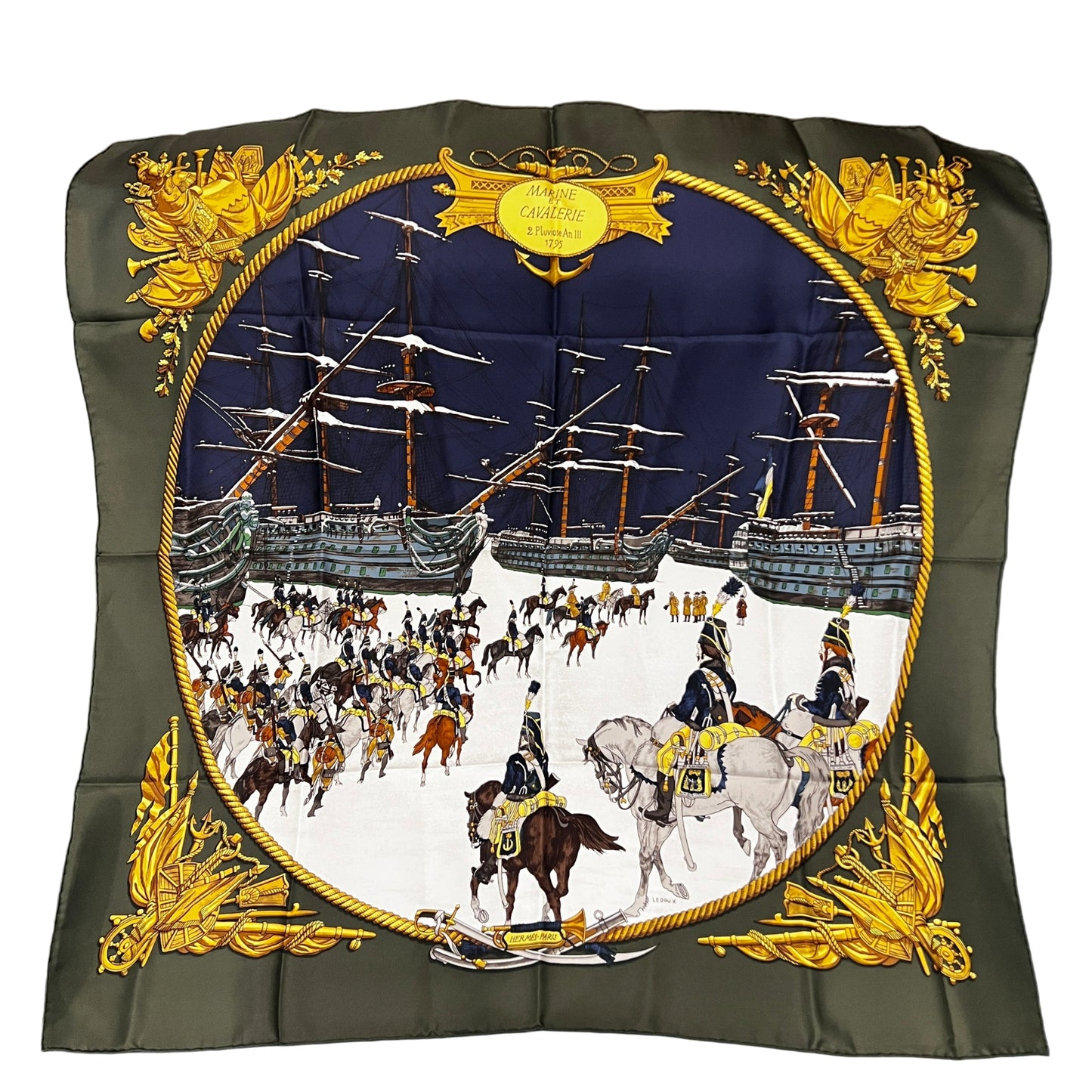 HERMES Carre 90  Marine et Cavalerie  Silk Scarf Khaki Green Navy Nautical Cavalry Print Vintage Classic