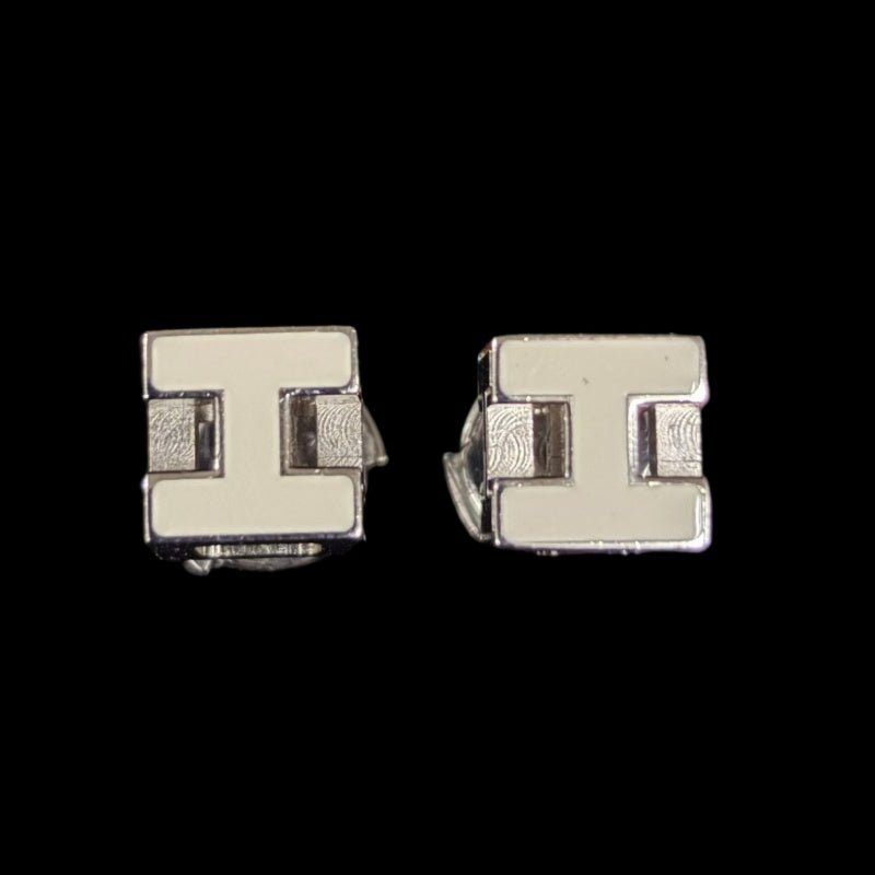 HERMES Cage d'Ash H Cube Earrings Accessory Silver White Enamel H Motif Cube Stud Pair