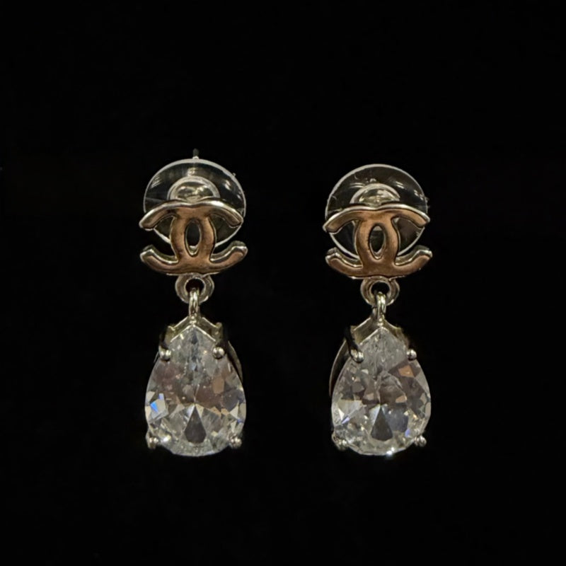 CHANEL Silver Alloy Pear-shaped Crystal Double CC Stud Earrings With Silver Hardware