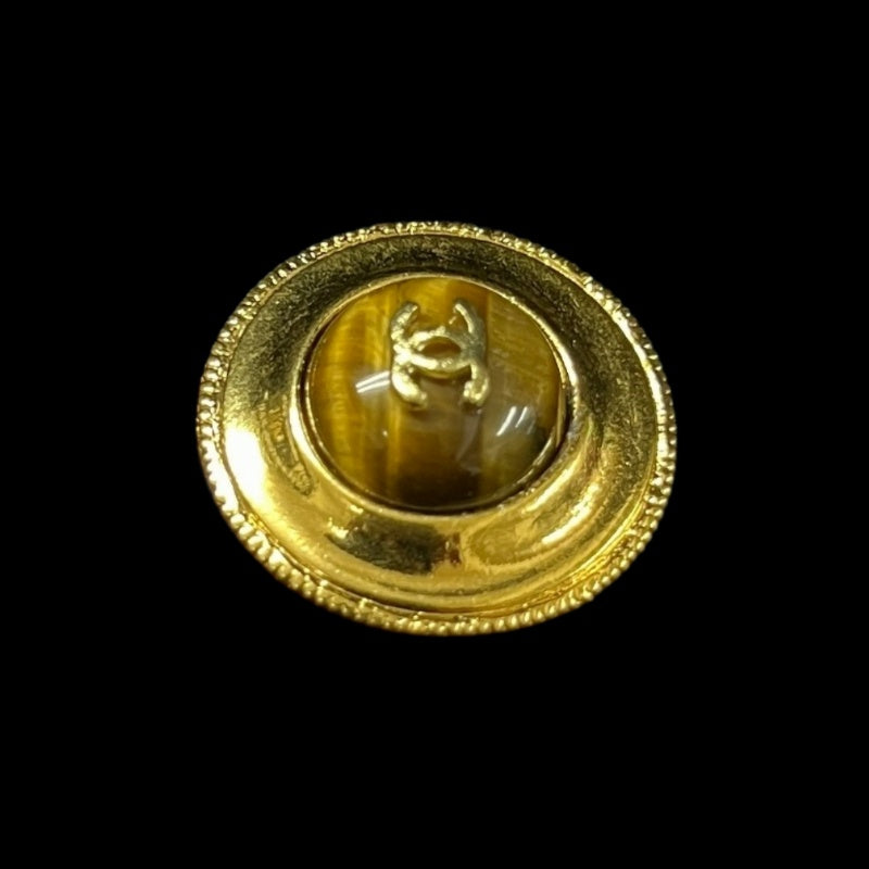 CHANEL CC Logo Round Earrings Pair Accessory Gold Tone Metal Tiger Eye Stone Inlay Vintage Elegant Classic Design