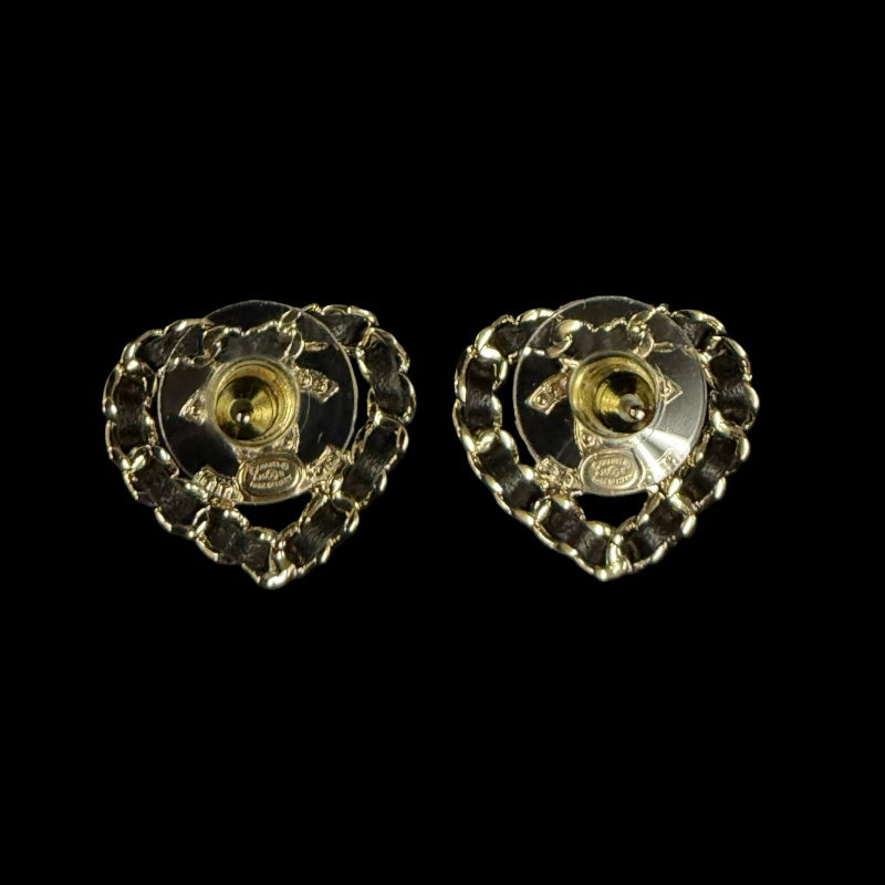 CHANEL Heart Rhinestone Earrings Accessory Gold Black Leather Coco Mark Box