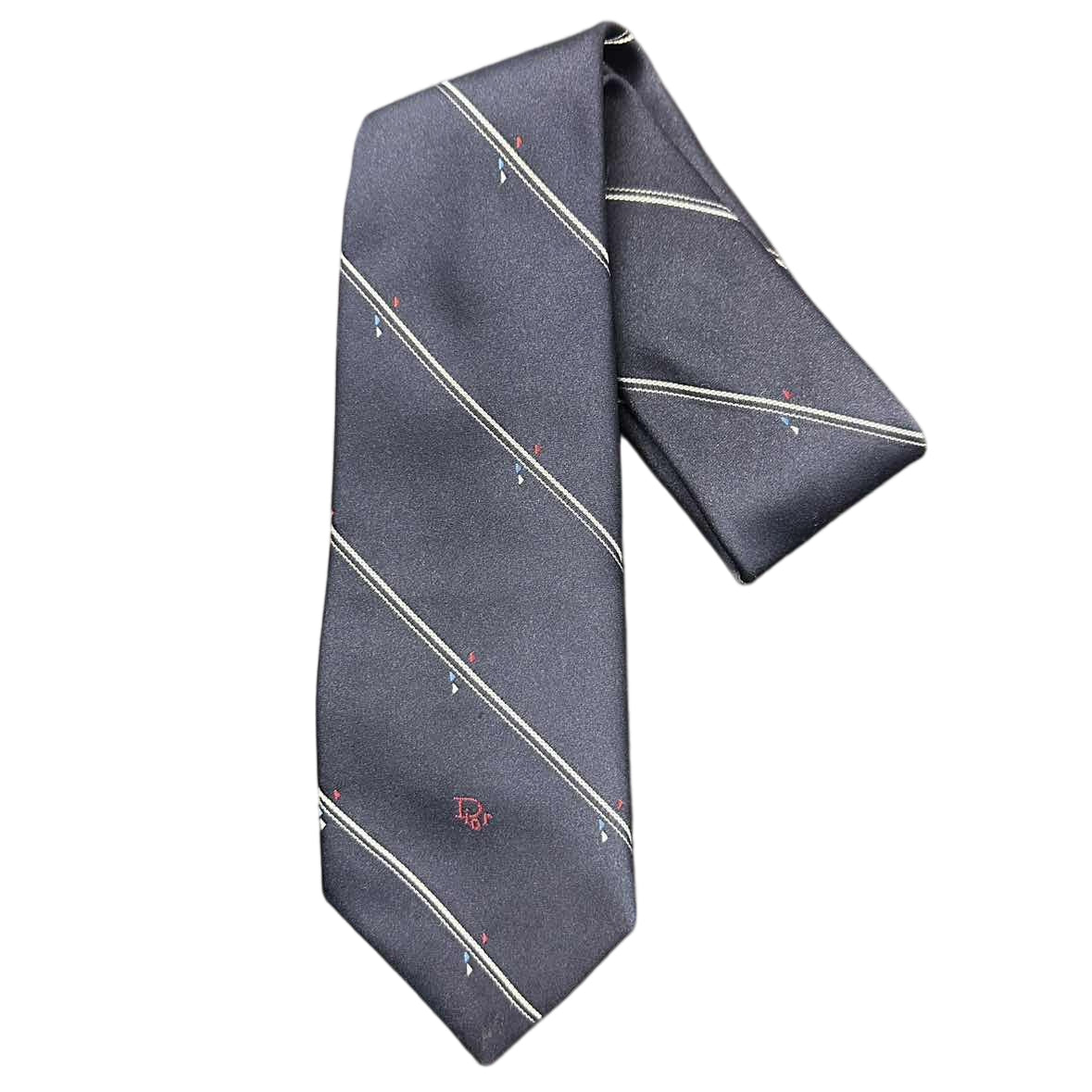 DIOR Polyester Silk Tie, Navy with Stripe Pattern