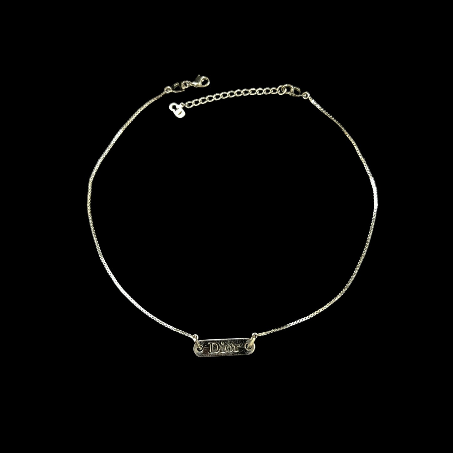 CHRISTIAN DIOR Plain Oblong Plate Fine Box Chain Necklace Silver Tone Metal Delicate Thin Chain Adjustable Extension with CD Logo Charm Minimalist Elegant Casual Daily Accessory