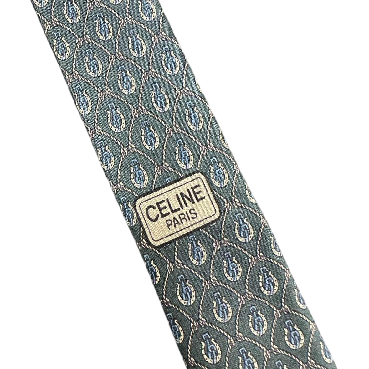 CELINE Silk Tie, Dark Green Base with Carriage Logo All-over Pattern