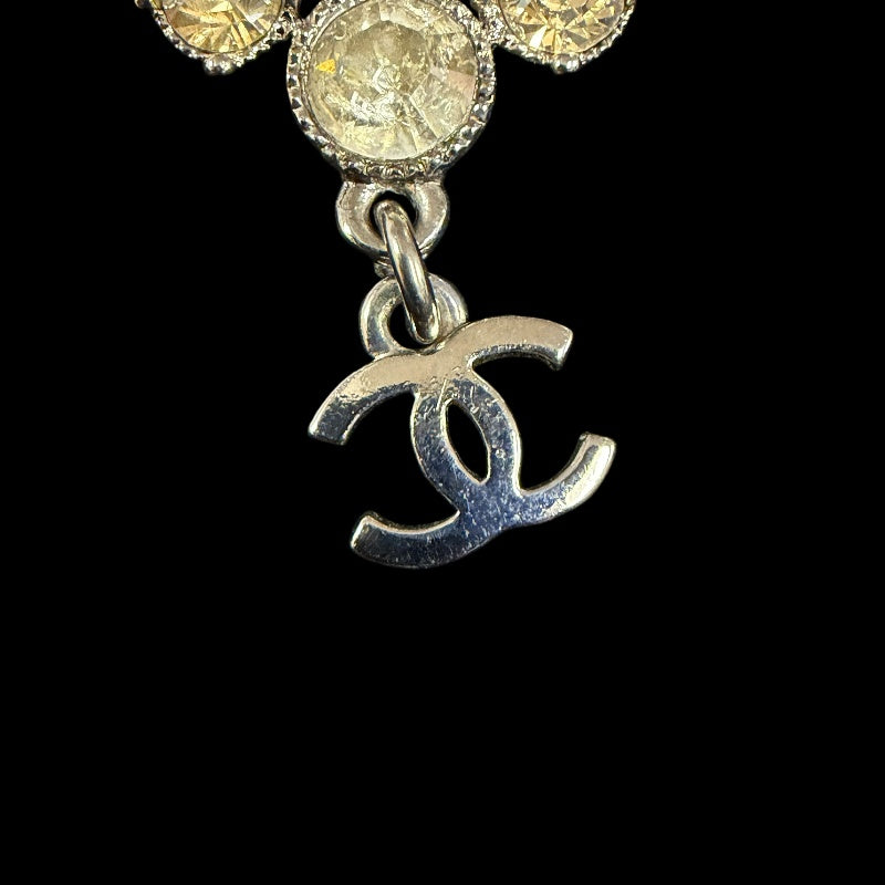 CHANEL Coco Mark Rhinestone Necklace Accessory  Silver Flower Motif Dangling Charm Vintage