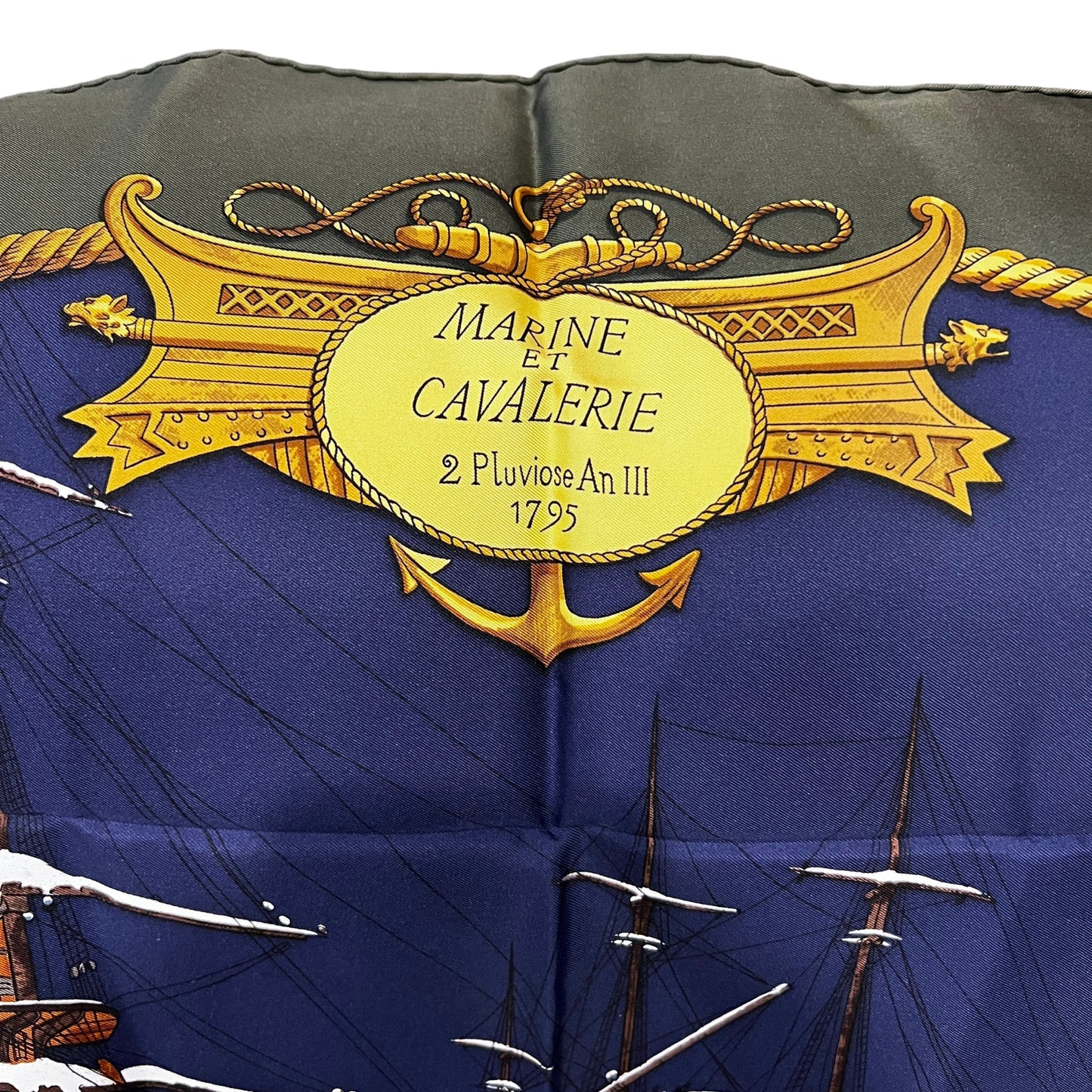 HERMES Carre 90  Marine et Cavalerie  Silk Scarf Khaki Green Navy Nautical Cavalry Print Vintage Classic