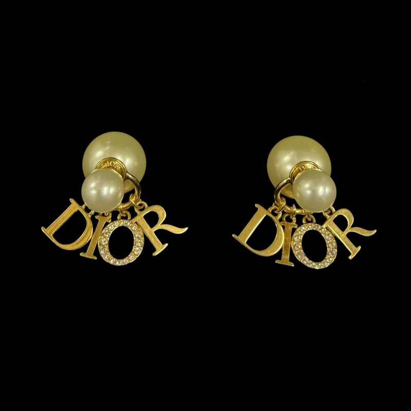 DIOR Logo Rhinestone Faux Pearl Earrings Accessory Gold Metal 2-Way Double Pearl Dangling Pair