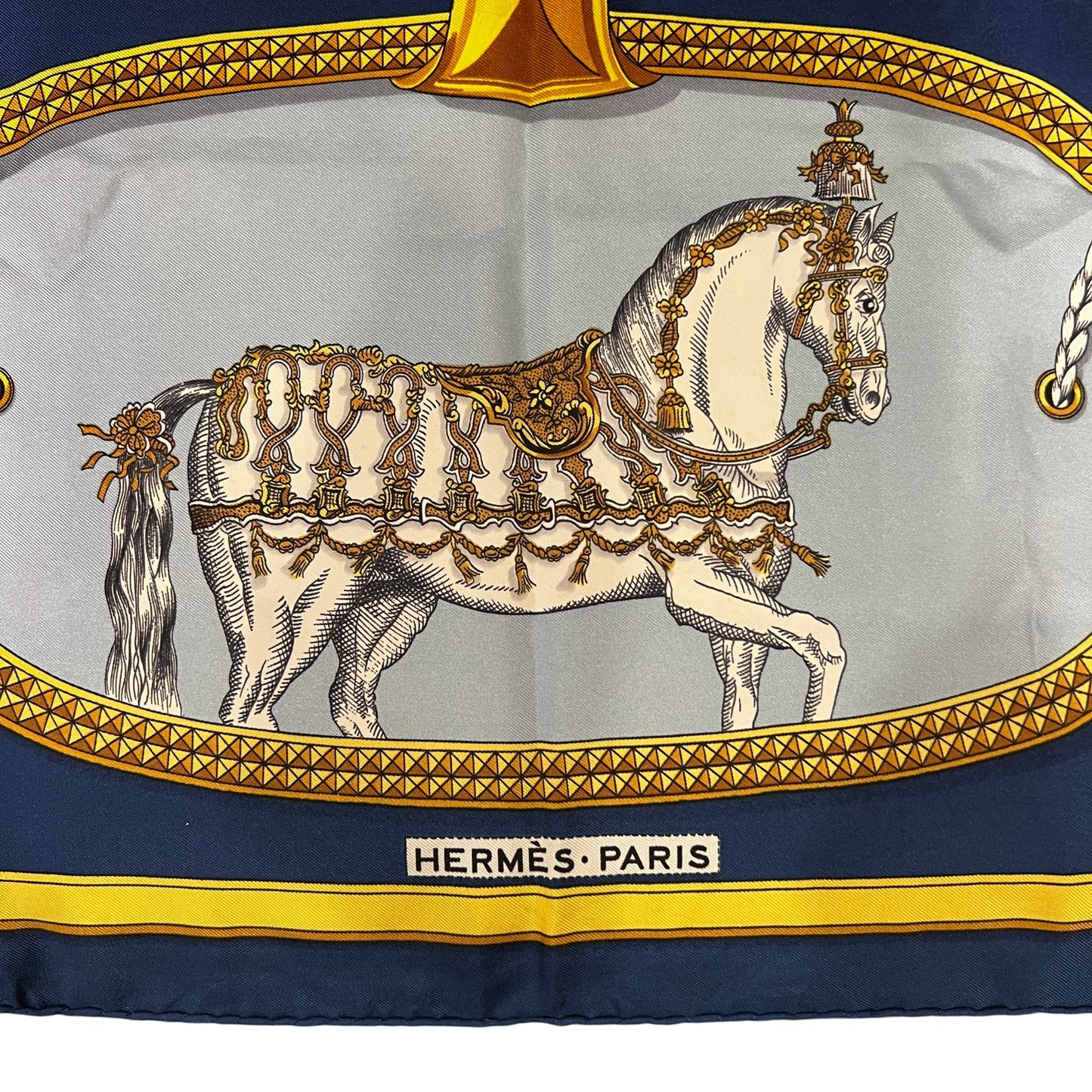 HERMES Carre 90 Grand Apparat Silk Scarf Blue x Yellow Equestrian Horse Pattern Luxury Classic