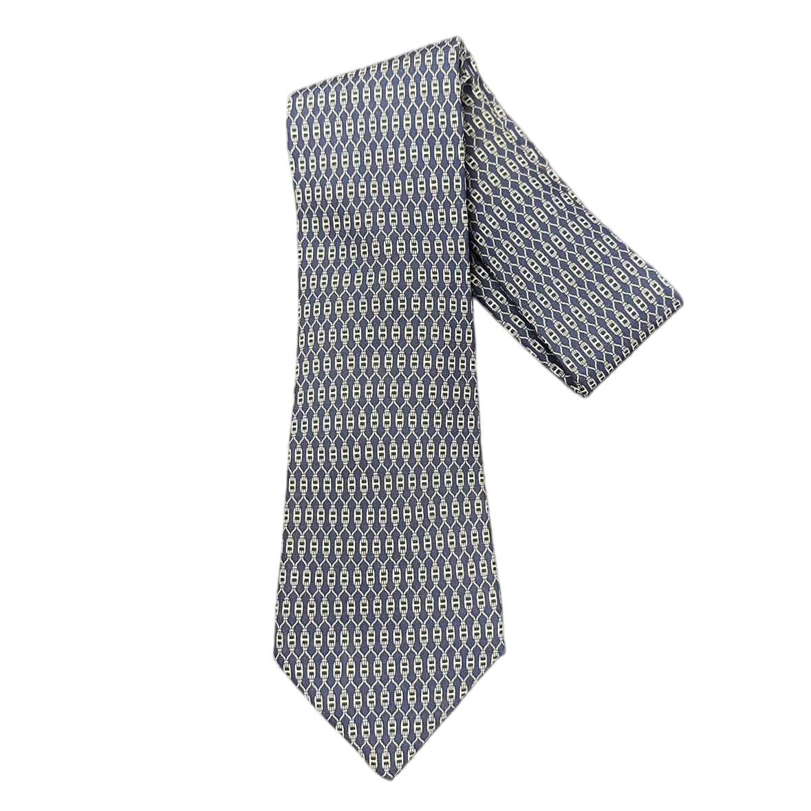 HERMES Silk Tie, Navy Blue Base with Chain Motif Pattern