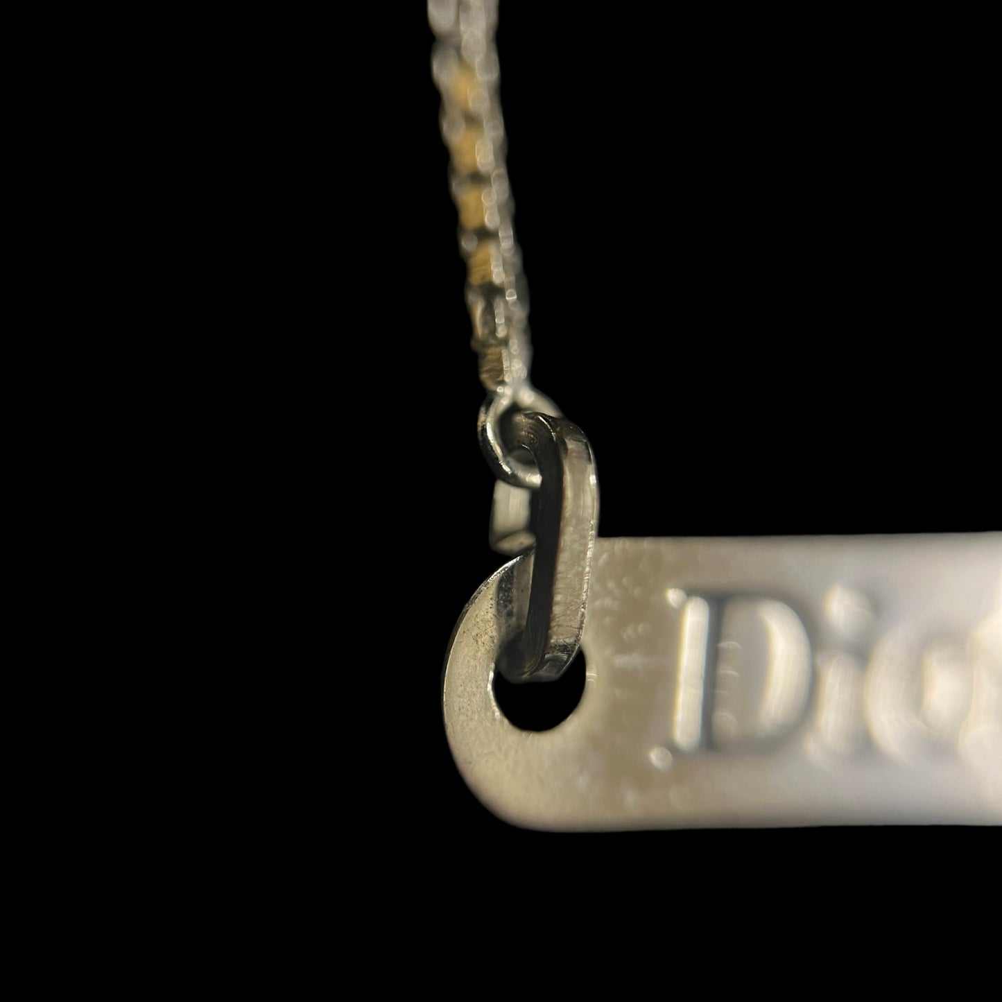 CHRISTIAN DIOR Plain Oblong Plate Fine Box Chain Necklace Silver Tone Metal Delicate Thin Chain Adjustable Extension with CD Logo Charm Minimalist Elegant Casual Daily Accessory