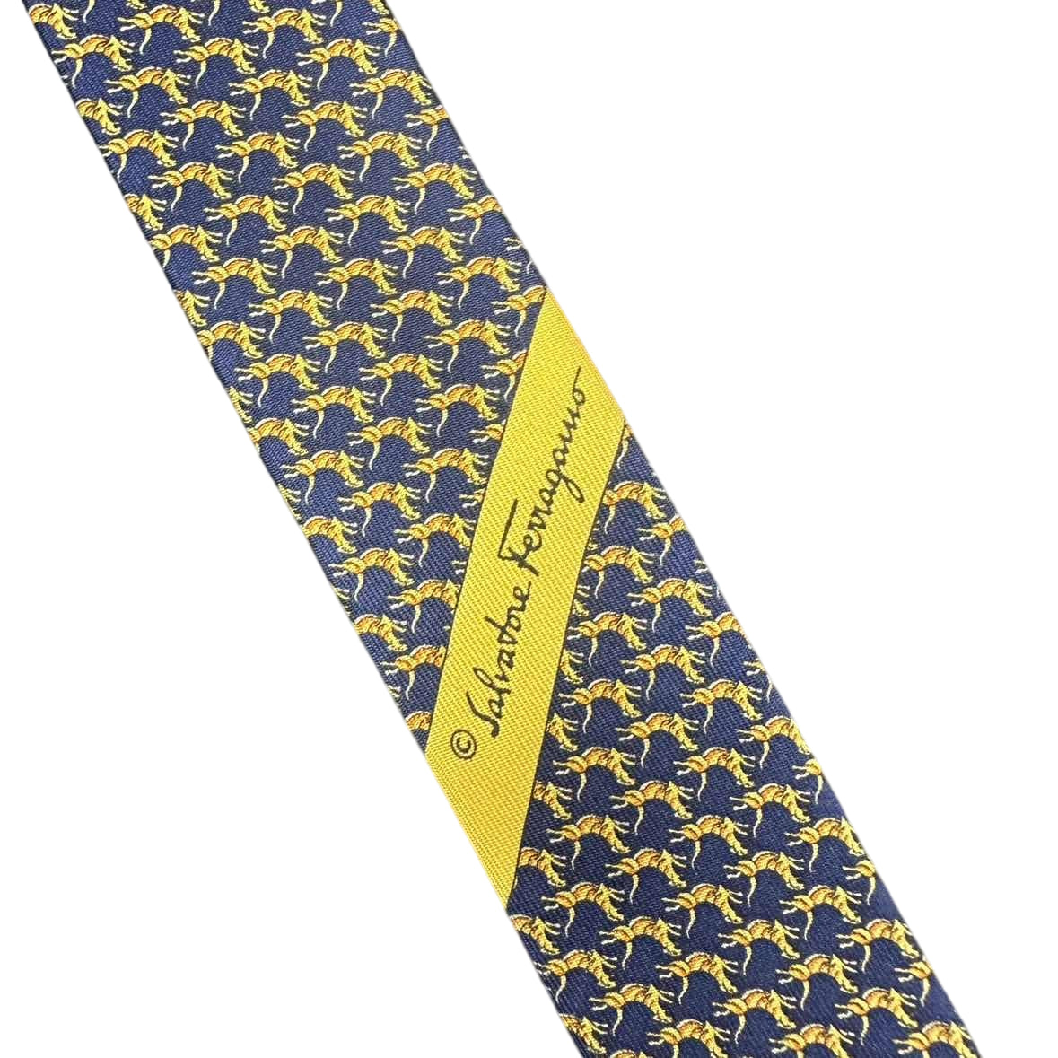 FERRAGAMO Silk Tie, Navy Base with Horse Pattern
