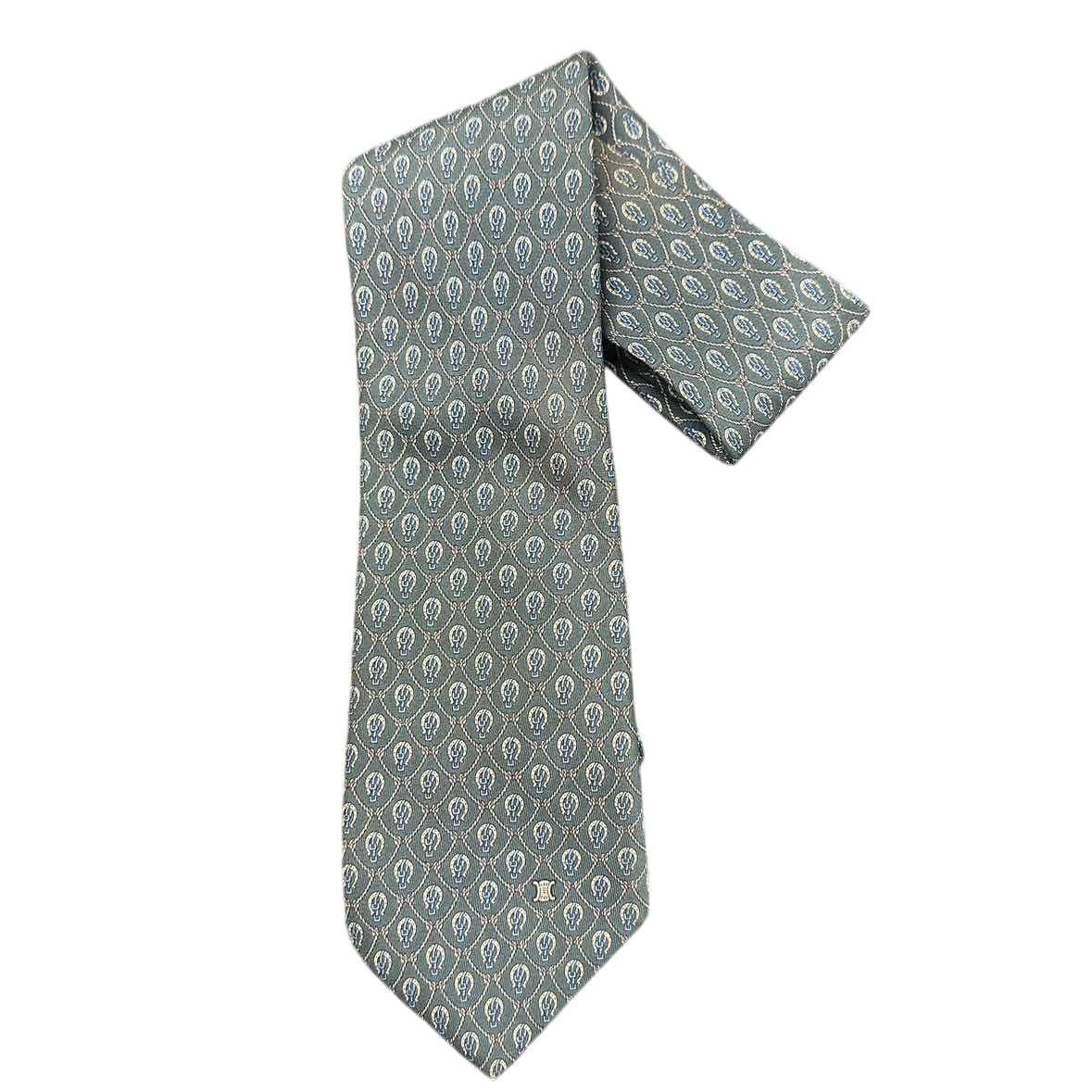 CELINE Silk Tie, Dark Green Base with Carriage Logo All-over Pattern