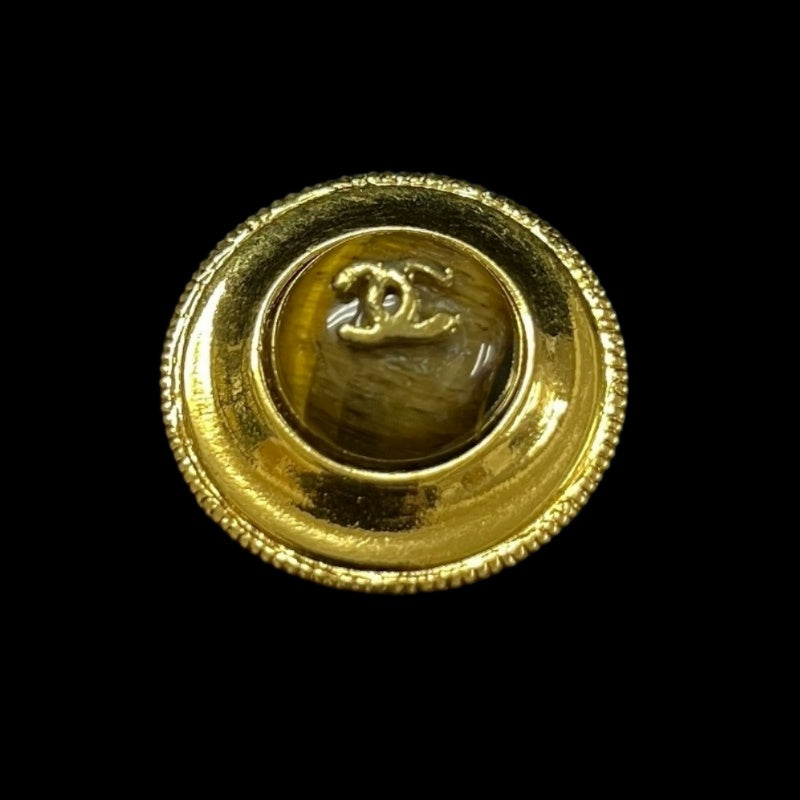 CHANEL CC Logo Round Earrings Pair Accessory Gold Tone Metal Tiger Eye Stone Inlay Vintage Elegant Classic Design