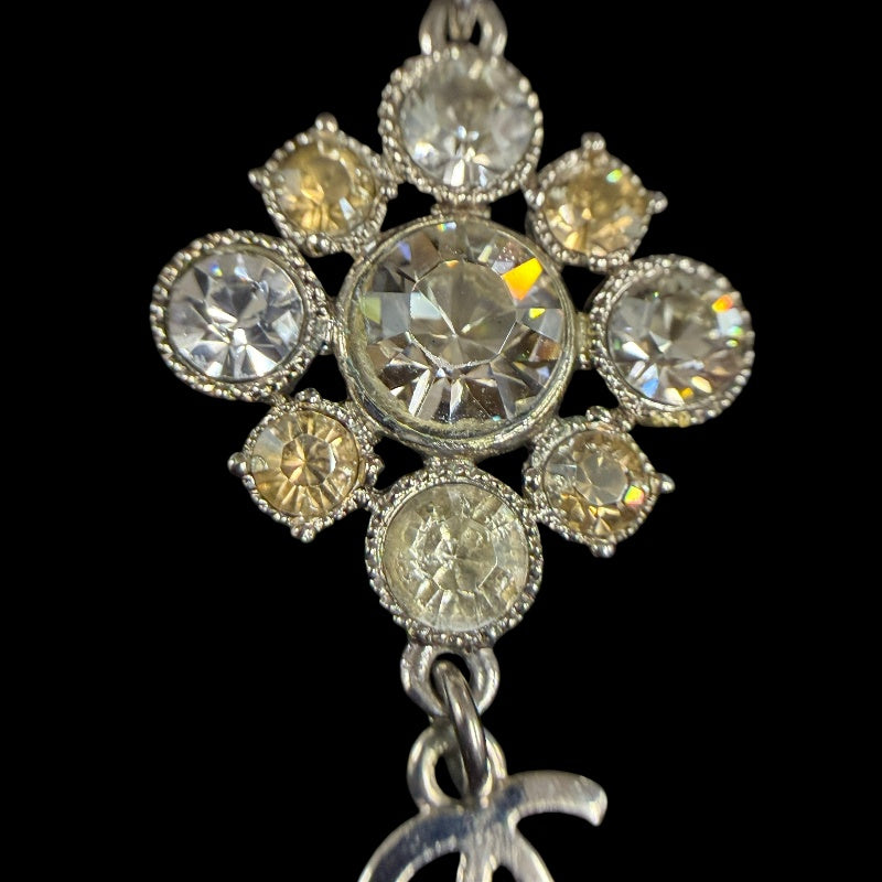 CHANEL Coco Mark Rhinestone Necklace Accessory  Silver Flower Motif Dangling Charm Vintage