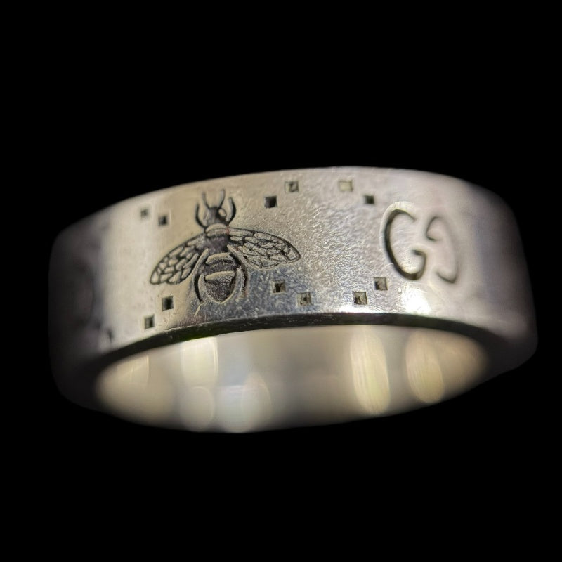 GUCCI GG & Bee Ring #13 925 Silver Total Weight Approx 7.8g Vintage Finish Wide Band Bee Motif GG Logo 　Box