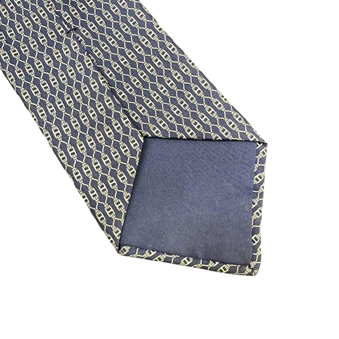HERMES Silk Tie, Navy Blue Base with Chain Motif Pattern