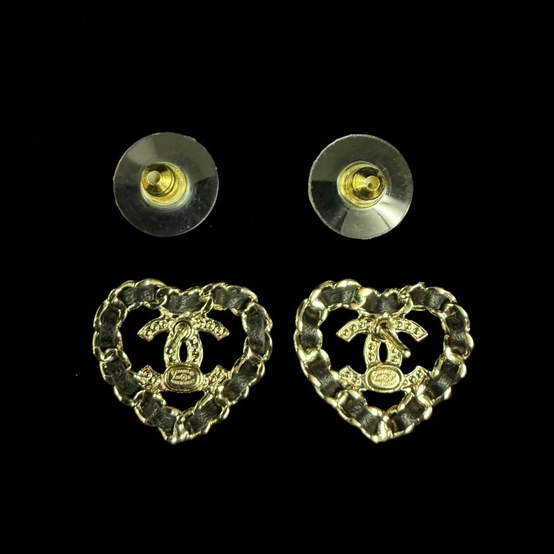 CHANEL Heart Rhinestone Earrings Accessory Gold Black Leather Coco Mark Box