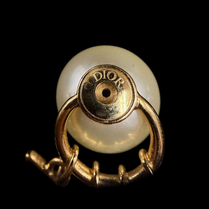 DIOR Logo Rhinestone Faux Pearl Earrings Accessory Gold Metal 2-Way Double Pearl Dangling Pair