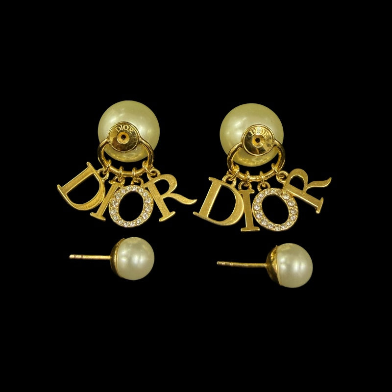 DIOR Logo Rhinestone Faux Pearl Earrings Accessory Gold Metal 2-Way Double Pearl Dangling Pair