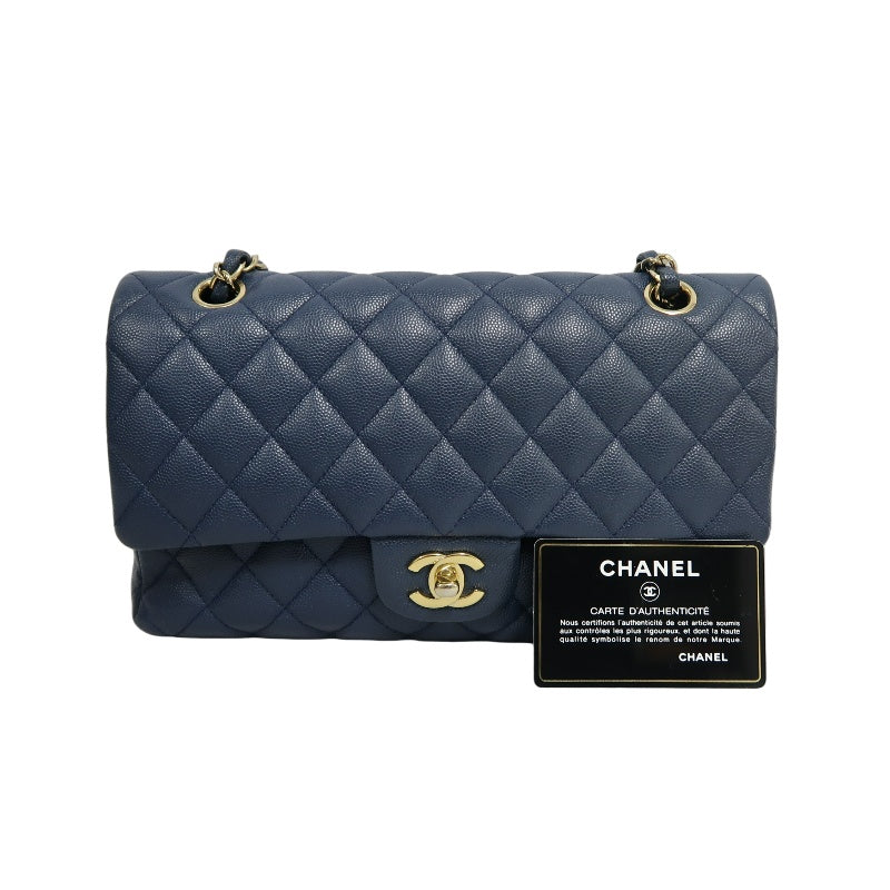 CHANEL Classic Flap Matelasse Caviar Shoulder Bag Navy Blue Gold Hardware With Authenticity Card