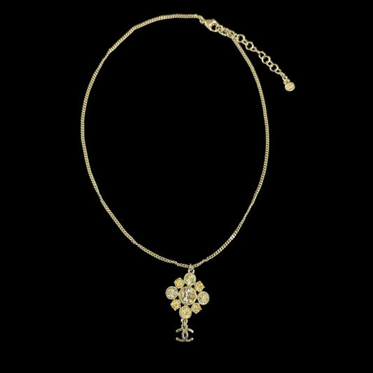 CHANEL Coco Mark Rhinestone Necklace Accessory  Silver Flower Motif Dangling Charm Vintage