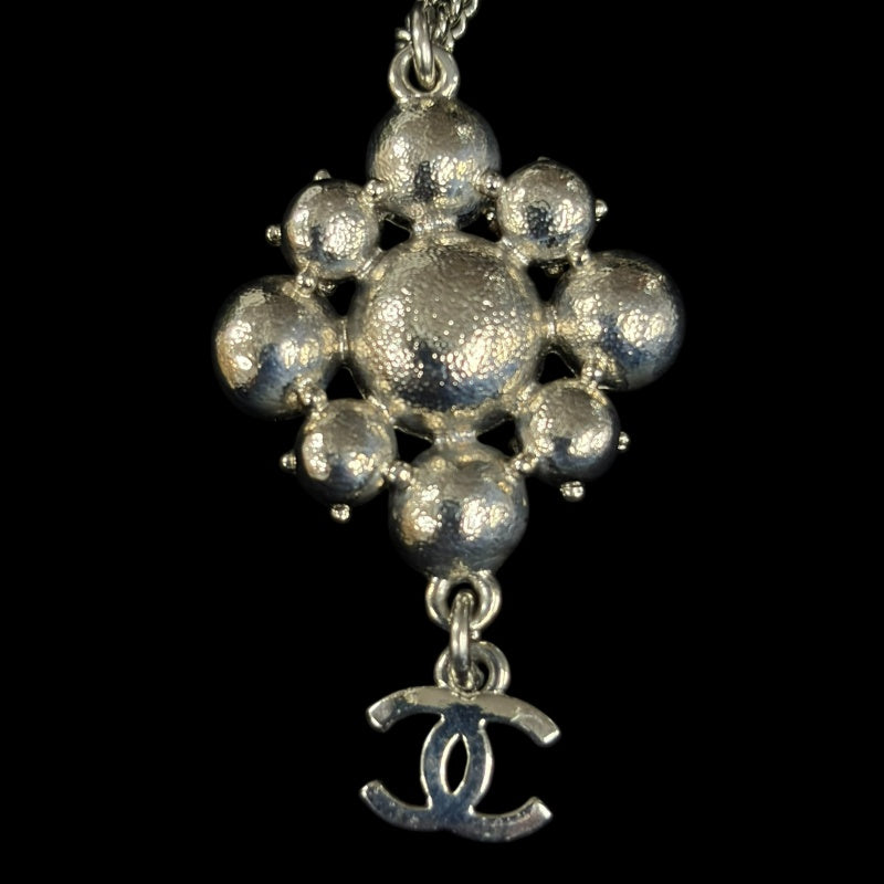 CHANEL Coco Mark Rhinestone Necklace Accessory  Silver Flower Motif Dangling Charm Vintage