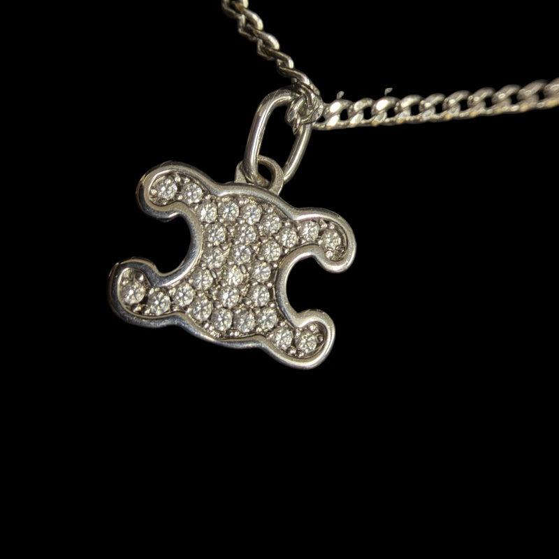 CELINE Triomphe Rhinestone Necklace Accessory Silver Metal Pave Stone Pendant Double Chain