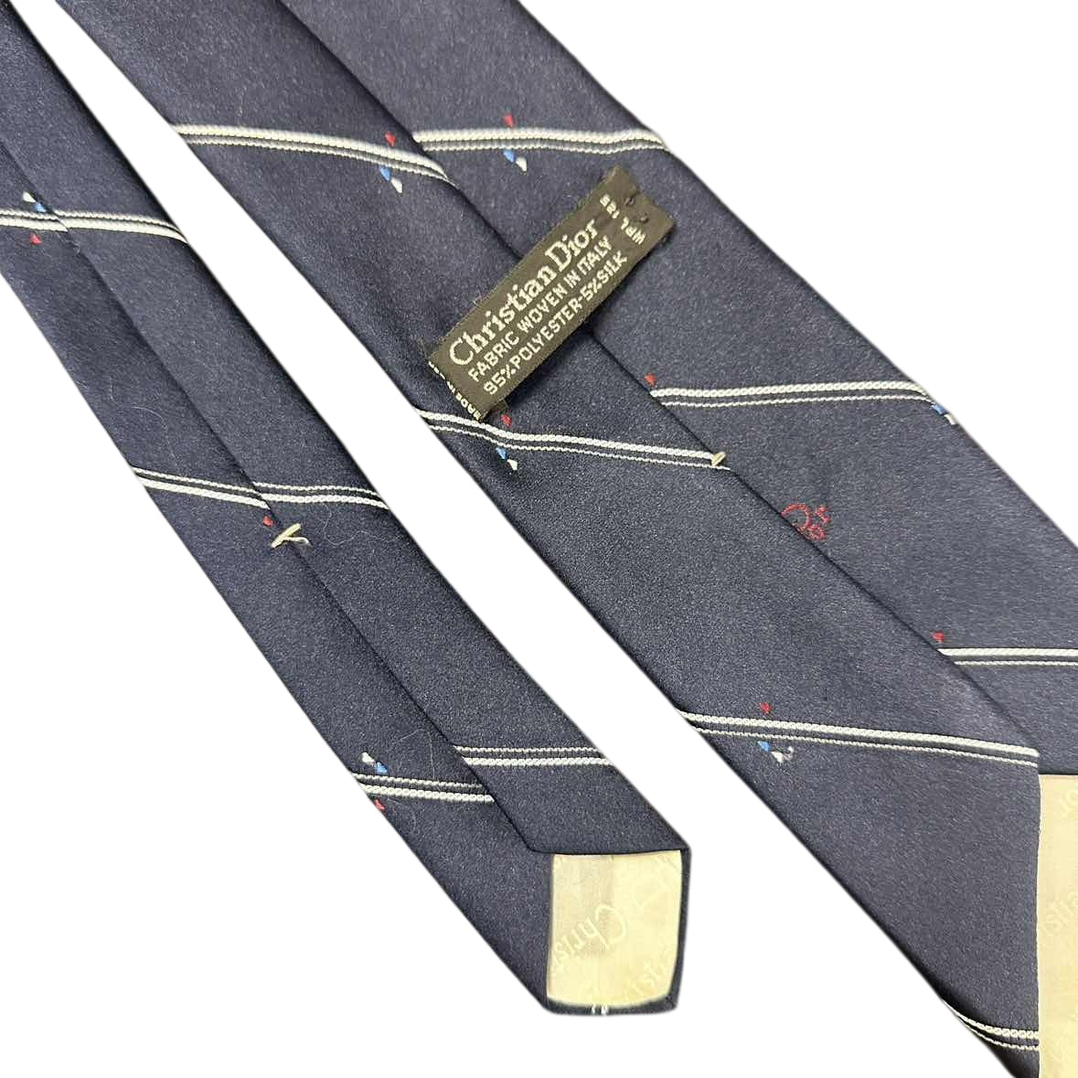 DIOR Polyester Silk Tie, Navy with Stripe Pattern