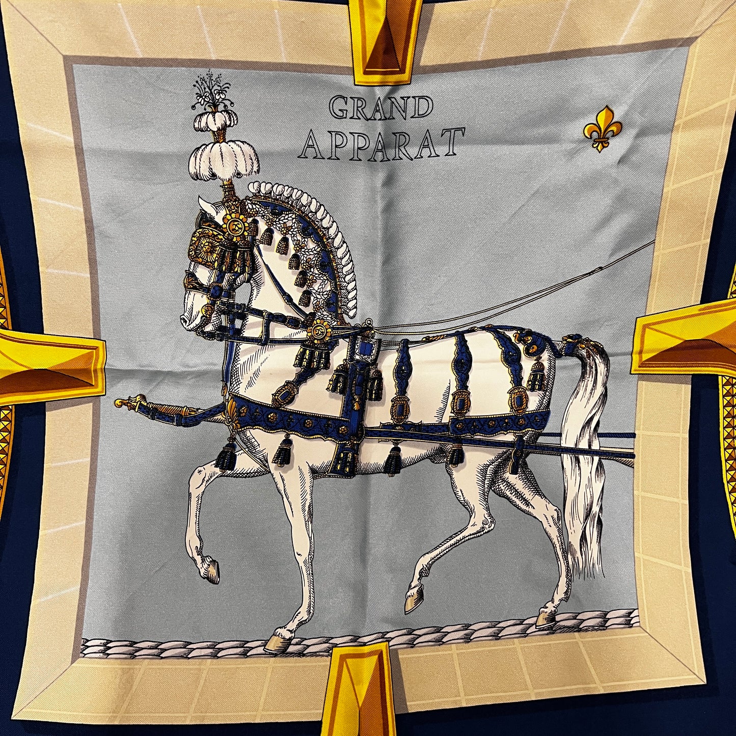HERMES Carre 90 Grand Apparat Silk Scarf Blue x Yellow Equestrian Horse Pattern Luxury Classic