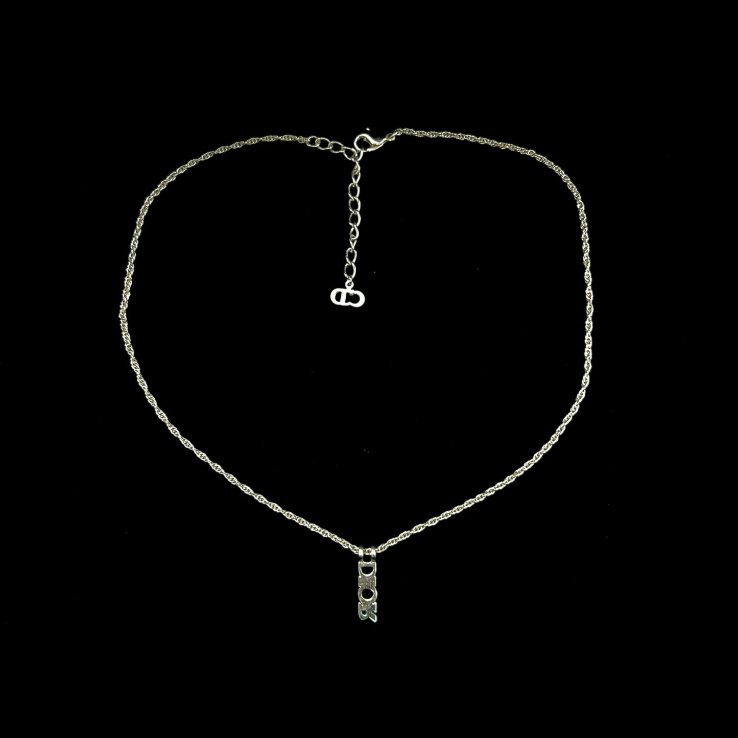 CHRISTIAN DIOR Vertical Dior Logo Pendant Necklace Silver Tone Metal Twist Fine Chain Adjustable Extension with Mini CD Charm Minimalist Cool Elegant Classic Accessory