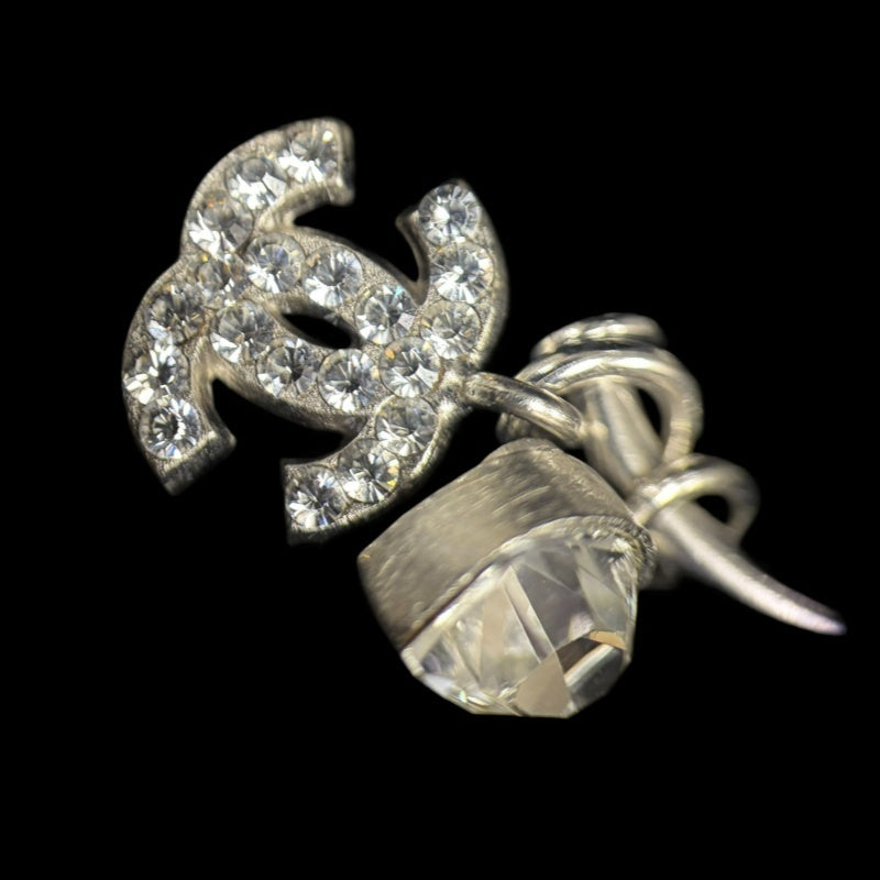 CHANEL Coco Mark Heart Rhinestone Earrings Accessory 04A Silver Crystal Heart Charm Hoop Pair Stamp