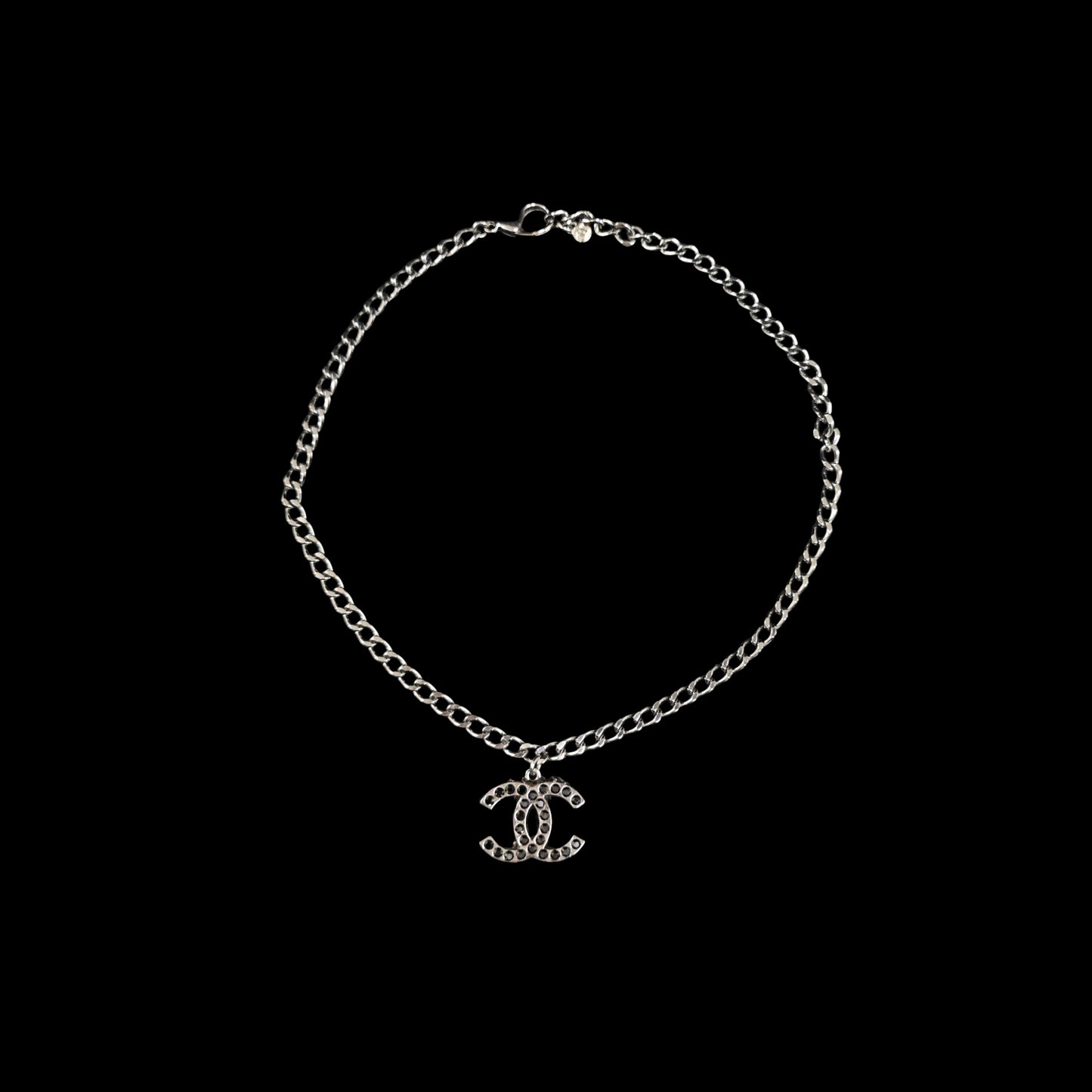 CHANEL Black-Tone Alloy Crystal Necklace With Box