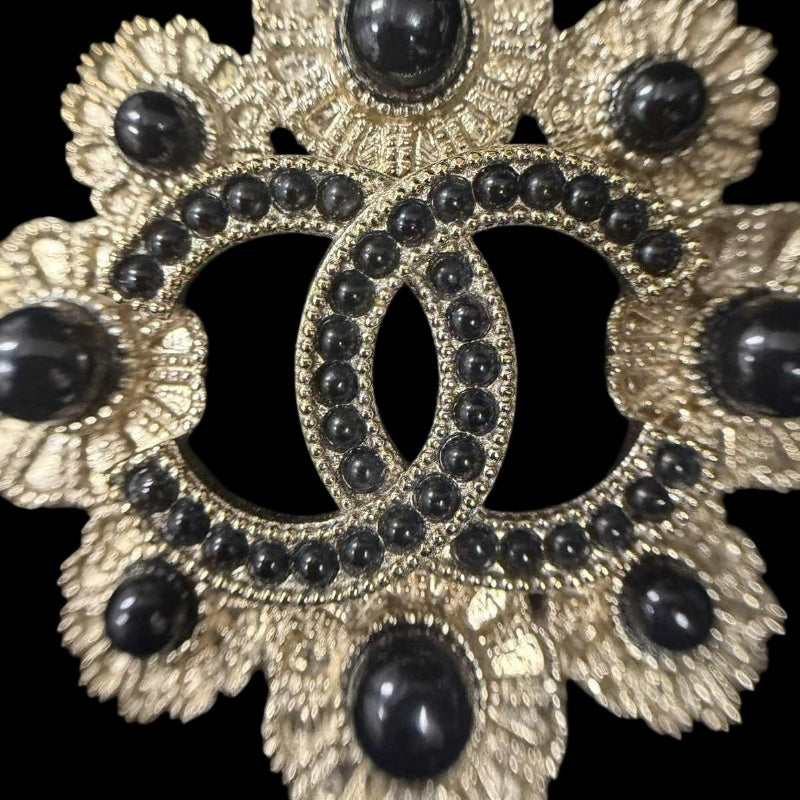 CHANEL CC Logo Brooch Accessory Gold Tone Metal Black Pearl Full Stone Inlay Vintage Elegant Design