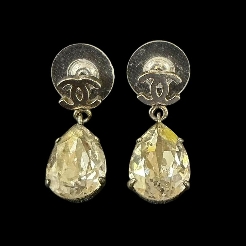 CHANEL CHANEL Coco Mark Rhinestone Earrings, Silver Hardware, With Comments, CHANEL Silver Alloy Drop Earrings