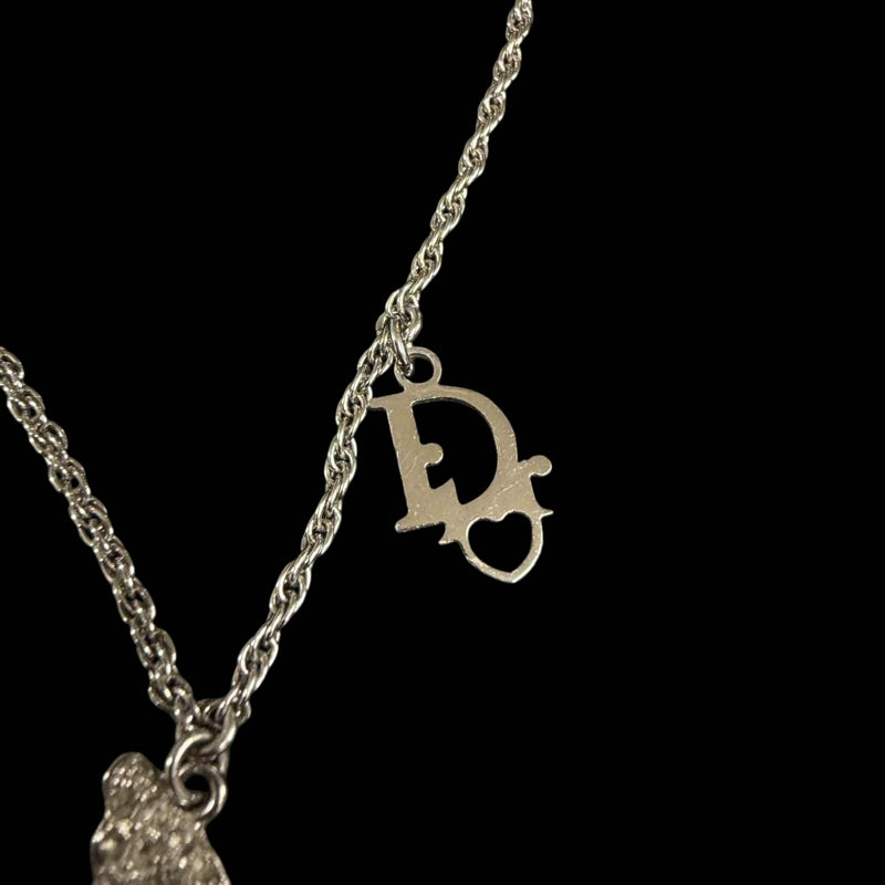 DIOR Dove Motif Pendant Necklace Rhinestone Silver Alloy Hardware