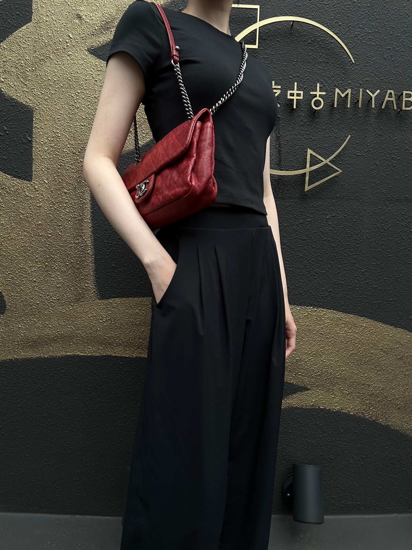 CHANEL Classic Flap CF Caviar Leather Shoulder Bag Red Dark Silver-Tone Hardware With Guarantee Card