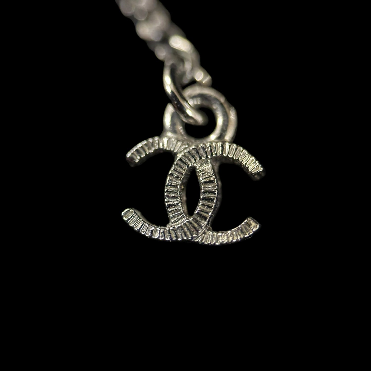 CHANEL Silver Alloy Black Pave Crystal Double CC Pendant Necklace