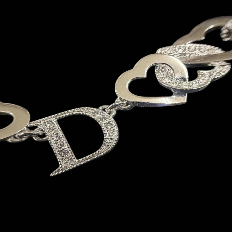 DIOR Heart CD Logo Pendant Necklace Rhinestone 925 Sterling Silver