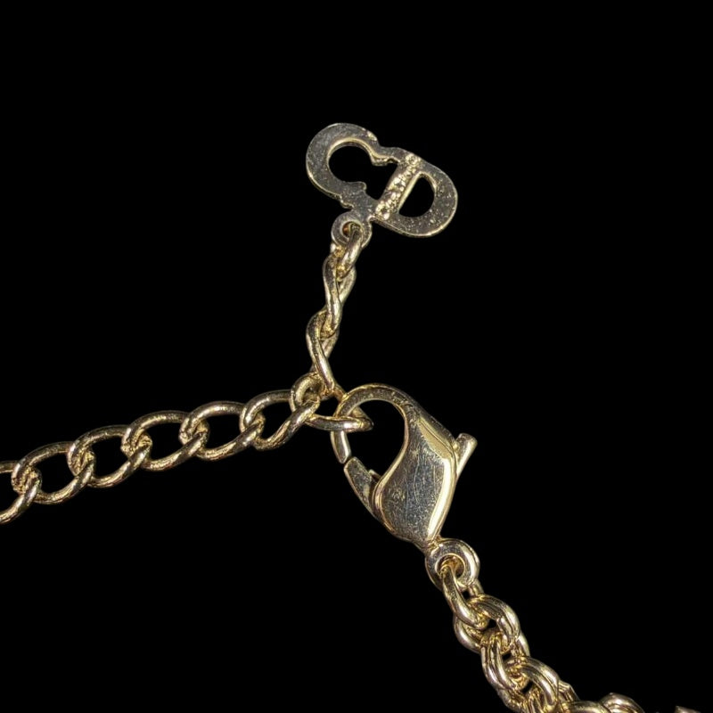 CHRISTIAN DIOR CD Logo Necklace Accessory Gold Metal Inlaid Rhinestone Slim Chain Elegant with Original Box