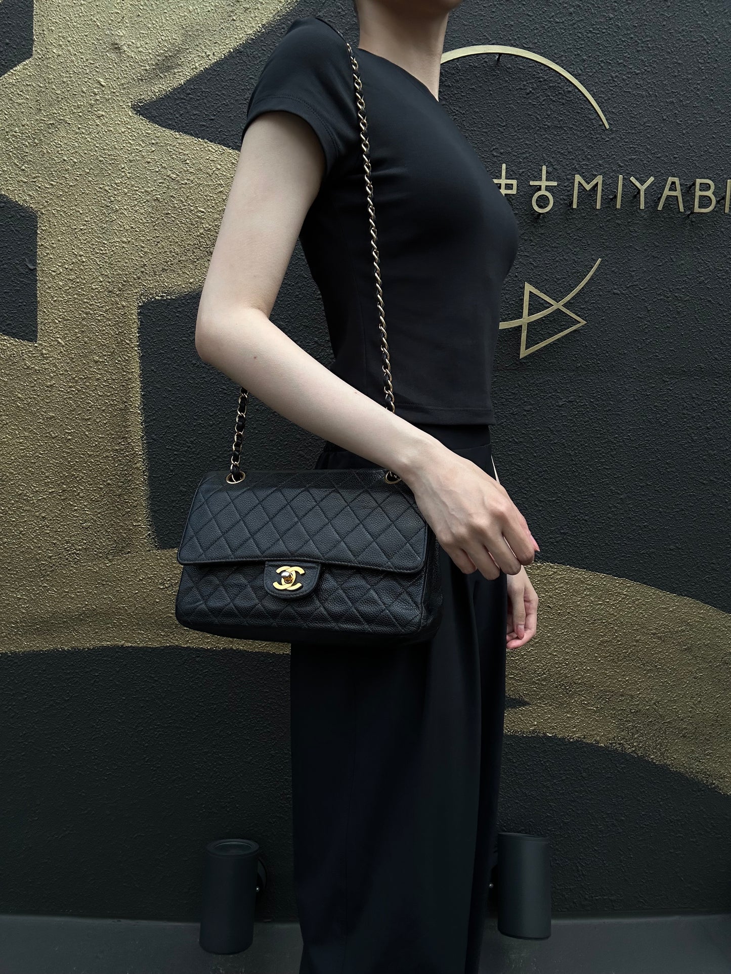 CHANEL Matelasse CF Caviar Skin Shoulder Bag Black Gold-Tone Hardware