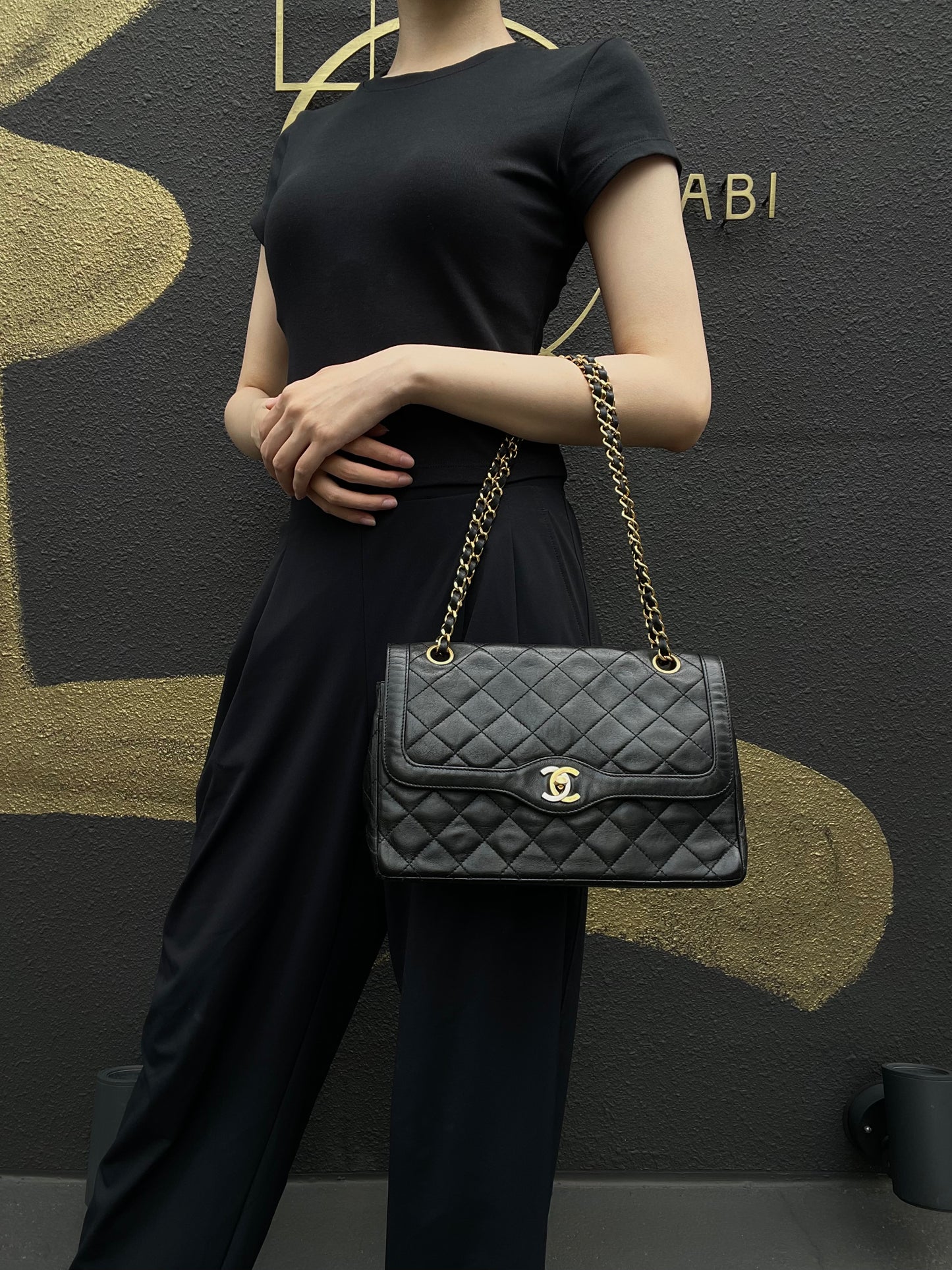 CHANEL Paris Limited Edition Matelasse Lambskin Flap Crossbody Bag Black Gold Hardware