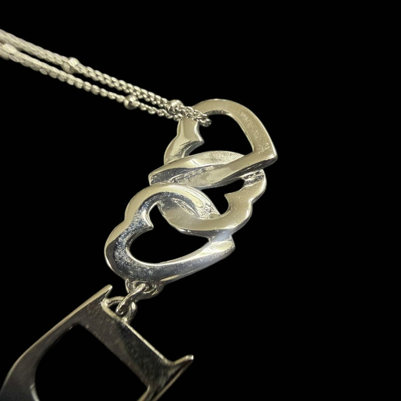 DIOR Heart CD Logo Pendant Necklace Rhinestone 925 Sterling Silver
