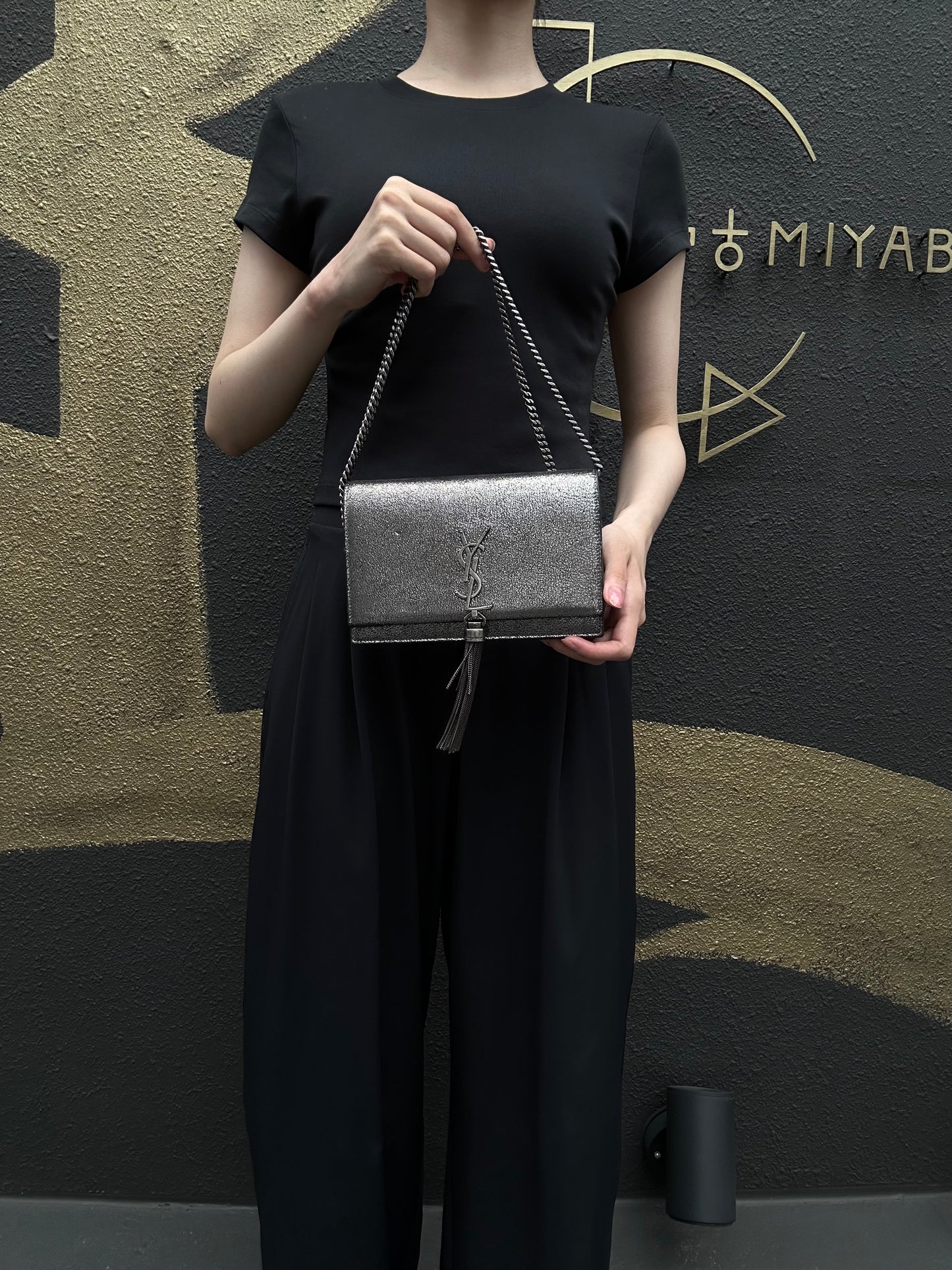 YVES SAINT LAURENT YSL Kate Tassel Shoulder Bag Silver Hardware Black Silver PVC