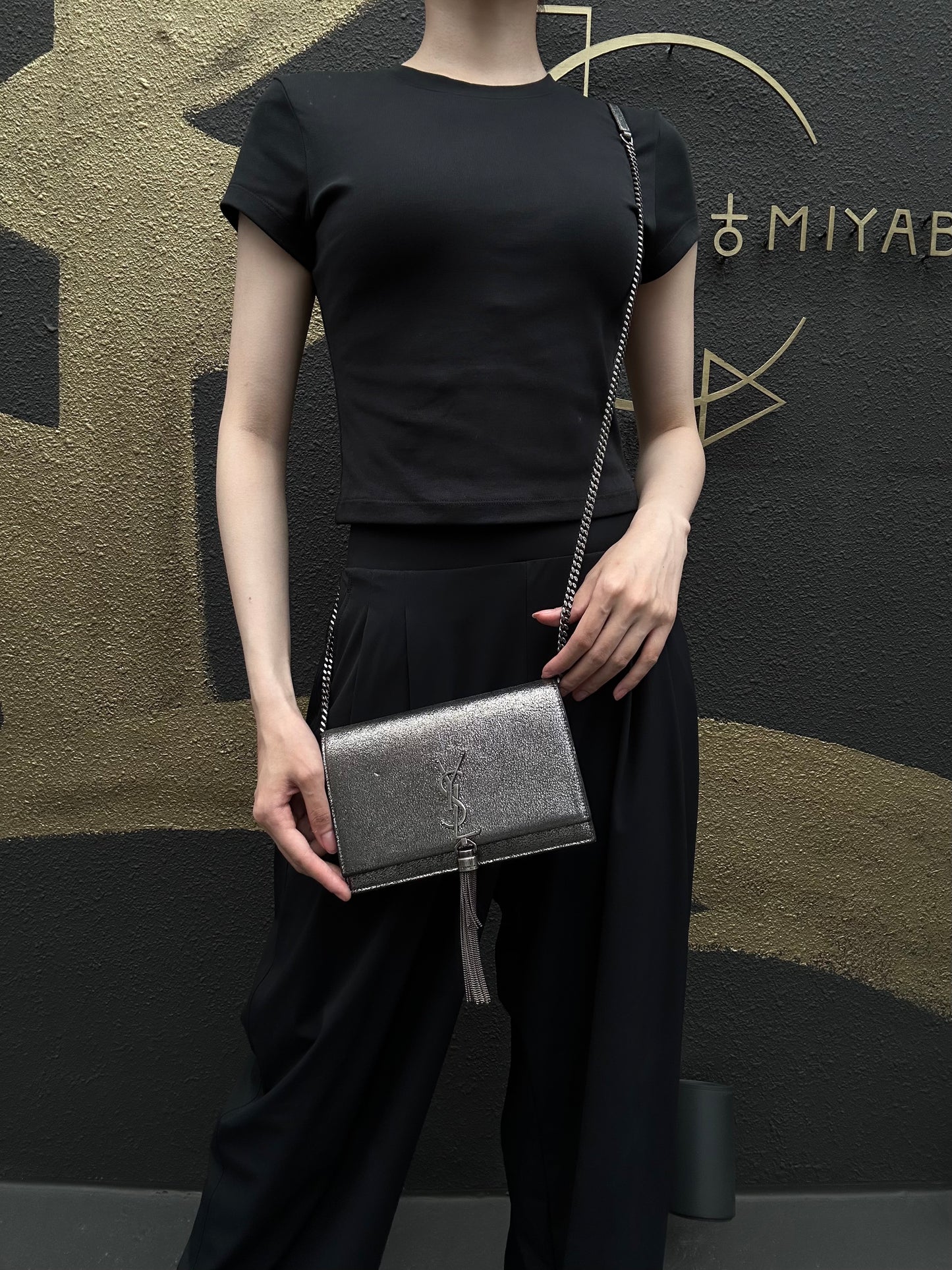 YVES SAINT LAURENT YSL Kate Tassel Shoulder Bag Silver Hardware Black Silver PVC