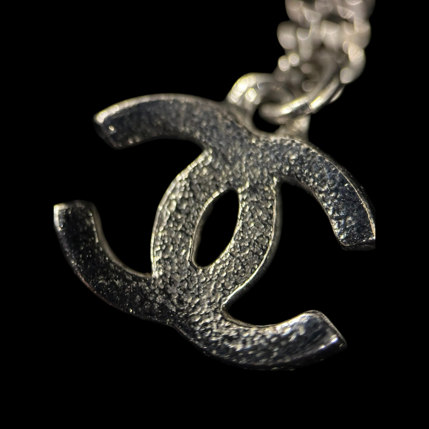 CHANEL Silver Alloy Black Pave Crystal Double CC Pendant Necklace