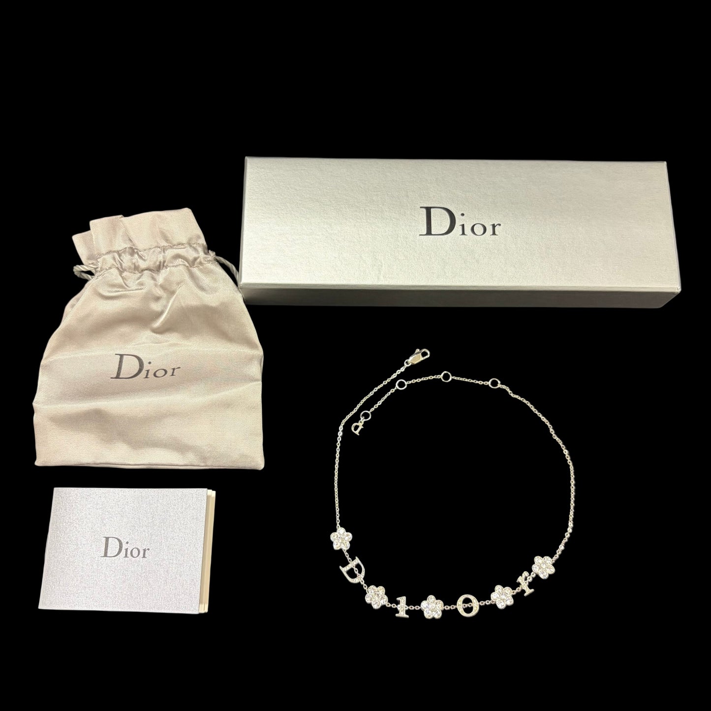 CHRISTIAN DIOR Flower & Letter Crystal Inlay Necklace Gold Tone Metal Thin Chain Adjustable Clasp Elegant Cute Design Full Set with Original Box and Dust Bag