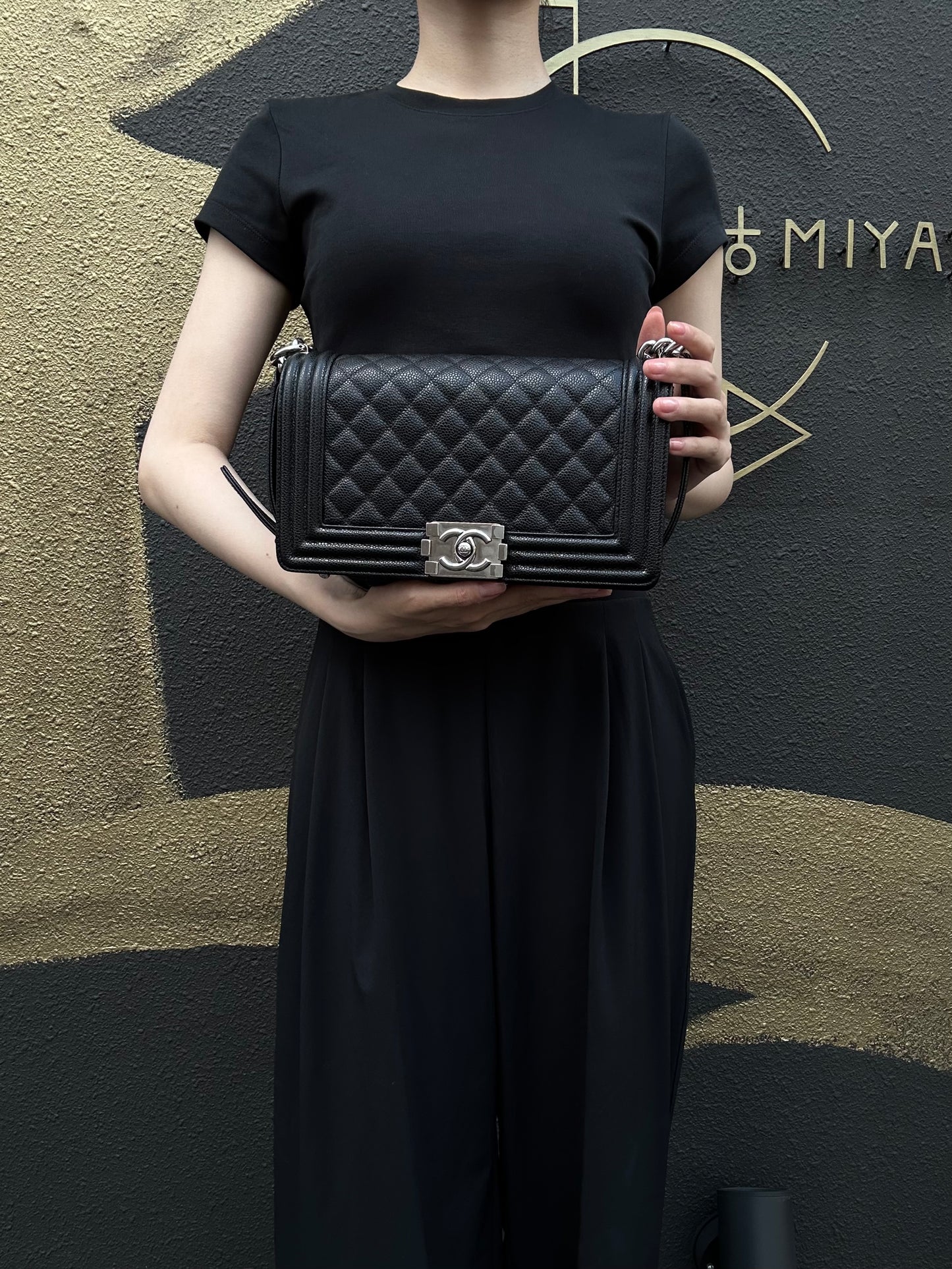 CHANEL Boy Leboy Matelasse Caviar Shoulder Bag Black Silver Hardware