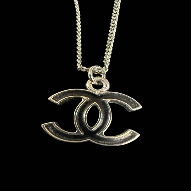 CHANEL Coco Mark Pendant Necklace Black Silver Alloy Hardware